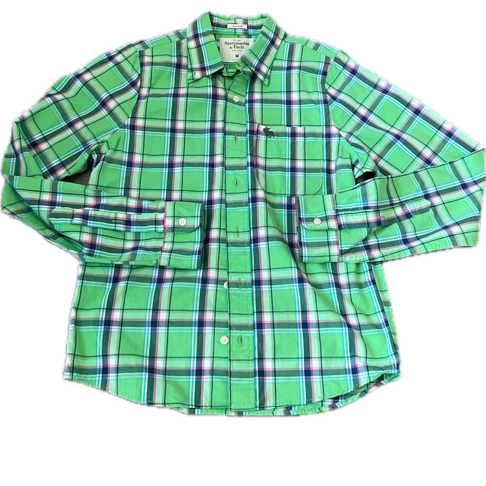 Green Plaid MUSCLE Shirt button down shirt with pocket and emblem.